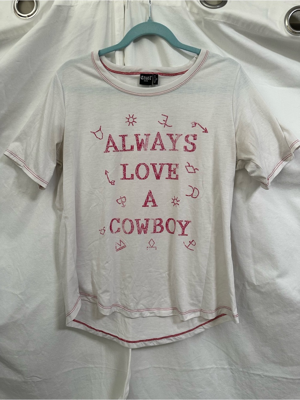 Always Love a Cowboy Short Sleeve Cruel Denim Tee - White with Red Print